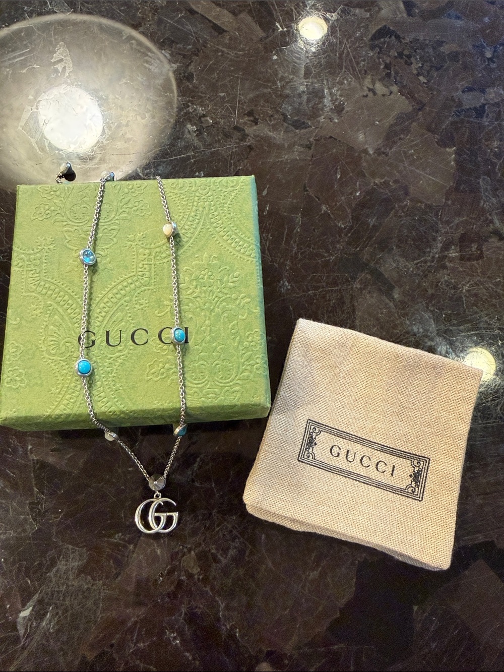 Gucci Silver Double G Necklace with Turquoise Accents